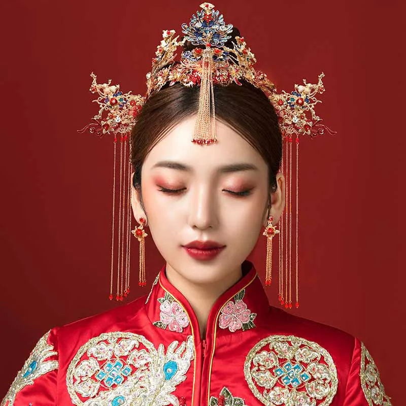 Винтажные китайские Свадебные короны, трости для волос, трендовые свадебные золотые гребешок для волос в виде тиары, красные шпильки с жемчугом, женский костюм, головной убор 499