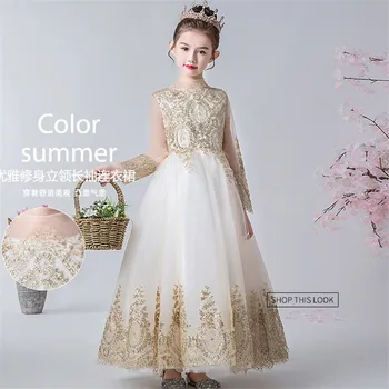 

3~14Years Children Girls Gorgeous Golden Color Host Piano Costumes Ceremony Sequined Princess Dress Kids Evening Party Dress