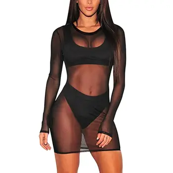 

Women Summer Long Sleeve Sheer Mesh See Though Bikini Cover Up Female Fashion Summer Beach Casual Dress Outfits