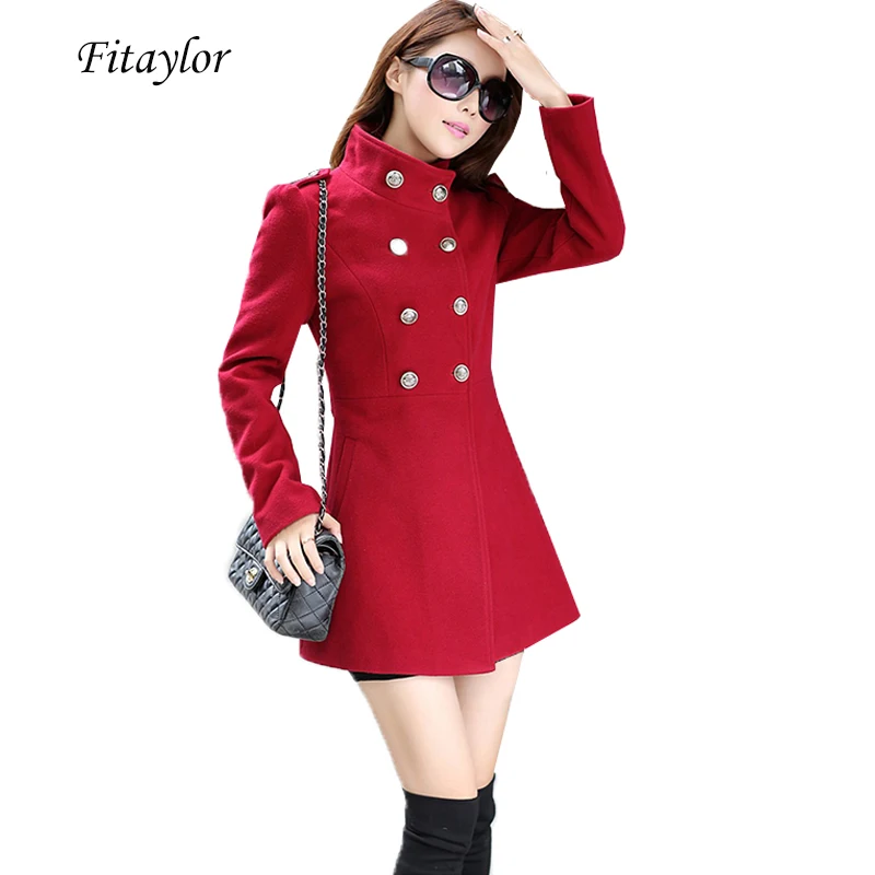 Fitaylor Woman Wool Coat Winter Jacket Women Vintage Double Breasted Slim Woolen Long Jackets Plus