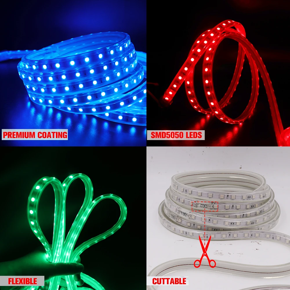 XUNATA 2 metros Tira de neón LED RGB flexible, 220V SMD 2835 120leds / m  Cuerda, tubo de luz de tira LED regulable con 20 teclas de control remoto :  : Iluminación