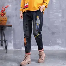 Женская мода осень зима выстроились Винтаж Вышивка мультфильм девушка эластичный пояс женские теплые нейлоновые джинсы повседневные брюки