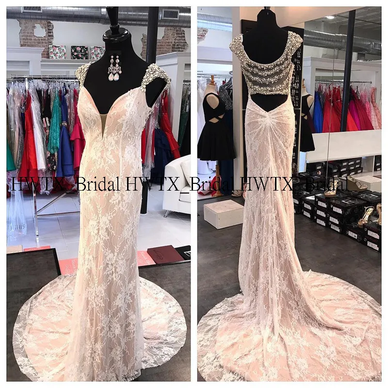HWTX_Bridal полное кружево вечернее платье со шлейфом Кристаллы Бисероплетение вырез сзади Русалка Длинные Выпускные платья формальное платье на заказ