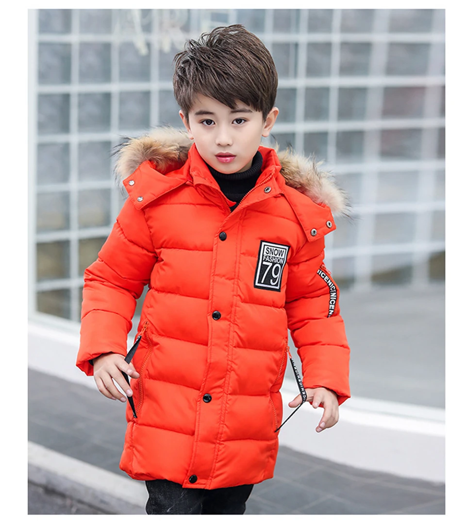 Модные зимние детские куртки с капюшоном для мальчиков; пальто для мальчиков-подростков; плотные теплые парки; детская длинная хлопковая пуховая верхняя одежда - Цвет: Оранжевый