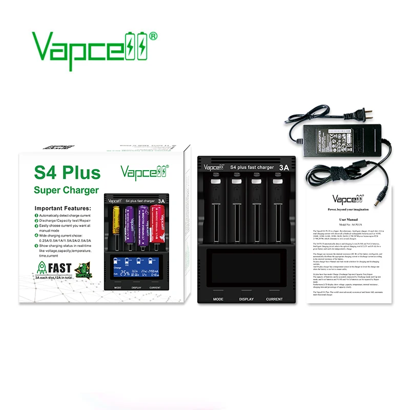 Vapcell S4 plus разрядник/тест емкости/repiar быстрое зарядное устройство Регулируемый 3A 4 слота с адаптером зарядное устройство