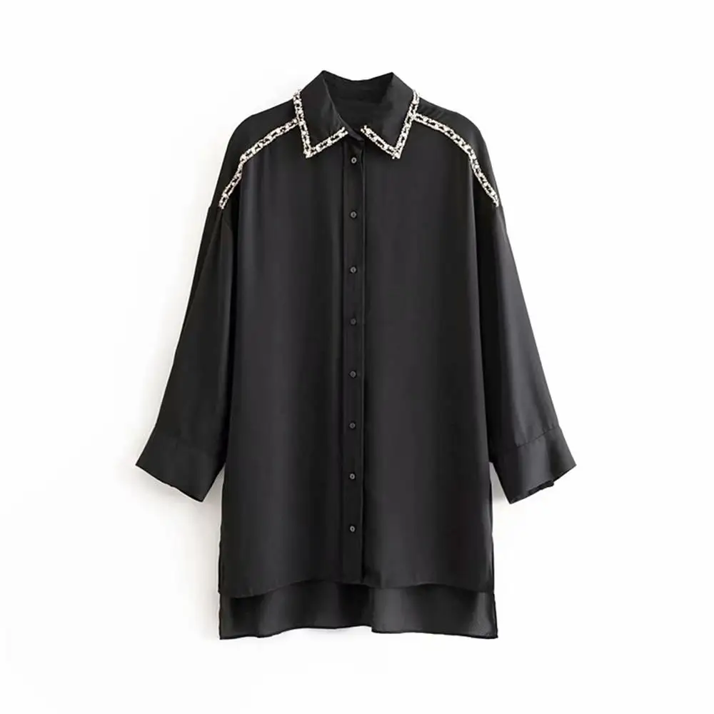 

Fall 2019 women's new Lapel long sleeve small fragrance stitching trim front short back long asymmetric loose shirt
