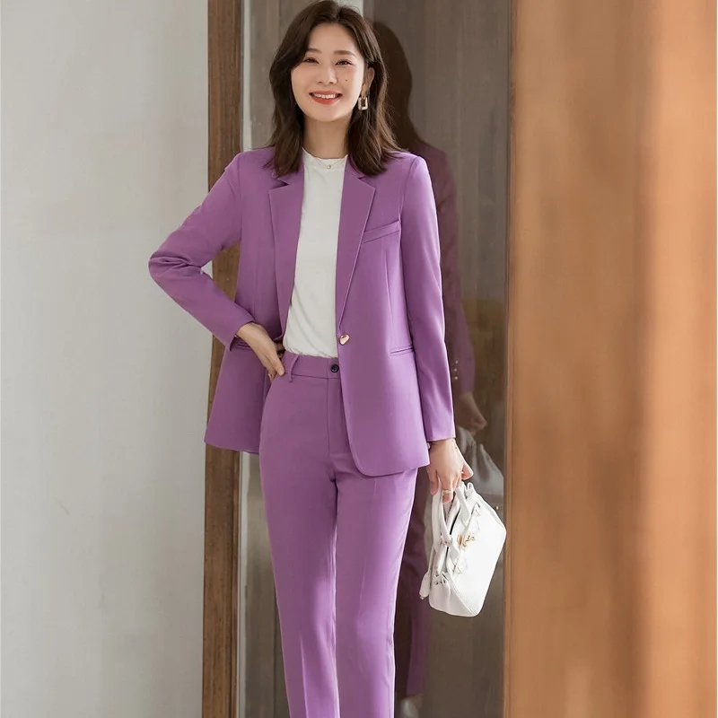 

Fall Winter Women Blazer And Pants Two Piece Suit OL Styles Fashion Purple Jacket Coat Blaser Formal Professional Trouser Suits