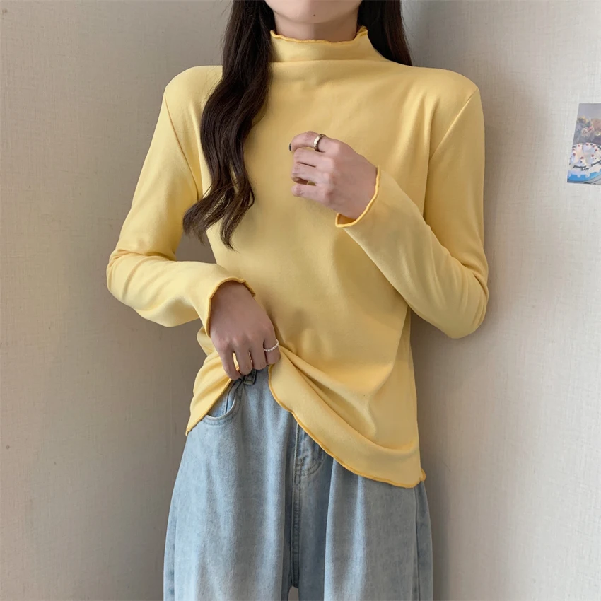 T 셔츠 여성 하라주쿠 Tshirt 자르기 탑 한국 패션 T-셔츠 긴 소매 탑 티 셔츠 Femme 가을 겨울 터틀넥 셔츠