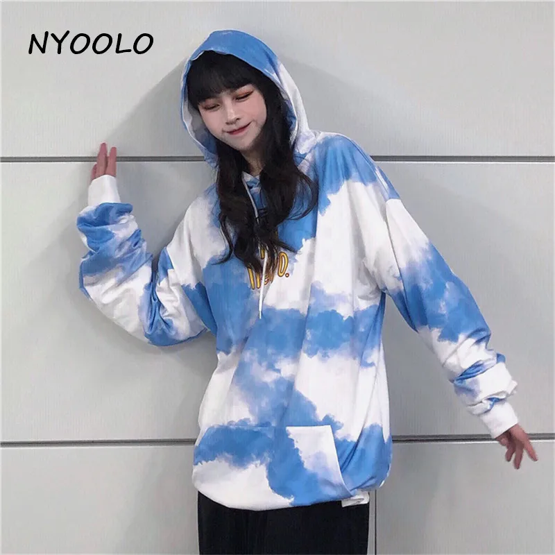 NYOOLO Harajuku стиль облако буквы вышивка карман теплые флисовые толстовки осень зима с капюшоном пуловеры толстовка женские топы - Цвет: Небесно-голубой