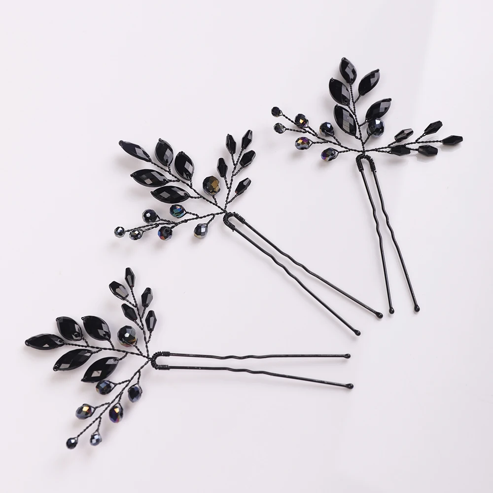 Bridal Hair Accessories Women Black Crystal Hairpins