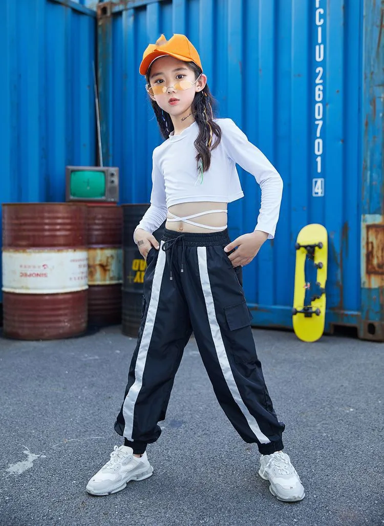 Kid Cool Hip Hop Clothing White Sweatshirt Shirt Top Crop Causal Pants for Girl Jazz Ballroom Dance Costume Clothes Wear 4-16T (3)