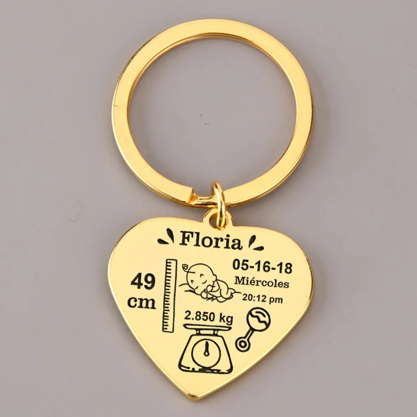 Детские статы вес Длина пользовательское имя Забавный Милый папа мама Keepsake ребенка рождения круглый брелок ювелирные изделия подарок в честь гравировки - Цвет: Heart-Gold