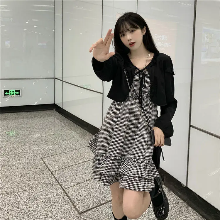 Plaid Dress Sets Women Outfits Black 