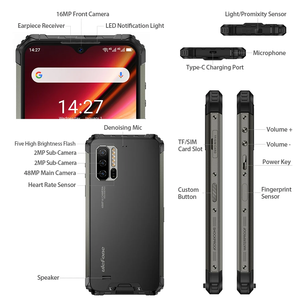 Ulefone Armor 7 Global Version IP68/IP69K Rugged Phone Android 10.0 Helio  P90 Octa Core 8GB+128GB 48MP Triple Camera 5500mAh NFC