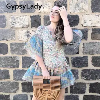 

GypsyLady Vintage Boho Playdress 2020 Summer Mini Dresses V-Neck Women Kimono Sleeve Sashes Holiday Hippie Beach Party Dress