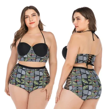 

Swimwear Woman Swimsuit With Shorts For Women Sexy Bathing Suit Closed Female Plus Size Bikini Underwire Cup Print Polyester