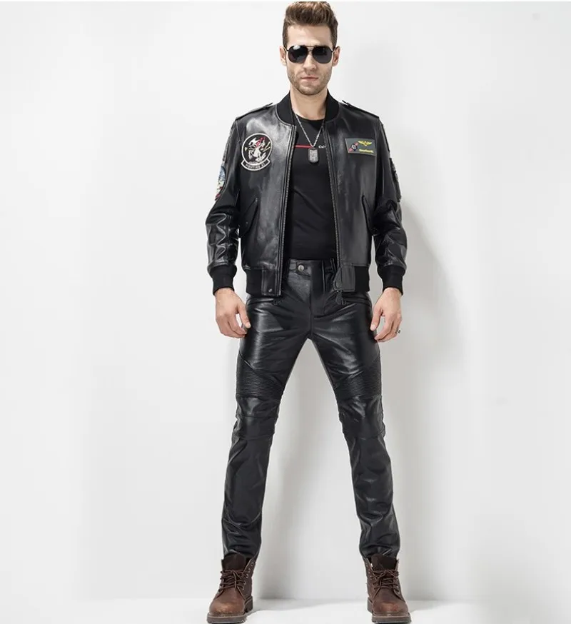 Discount European Autumn Winter Slim Mens Full Length Cowhide Pants Windproof Thick Moto Biker Pleated Genuine Leather Male Pencil Pants 2