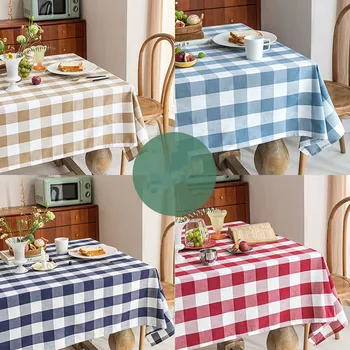 

Fashion Big Grid Designs Solid Decorative Linen Tablecloth With Tassels Rectangular Wedding Dining Table Cover Tea Table Cloth
