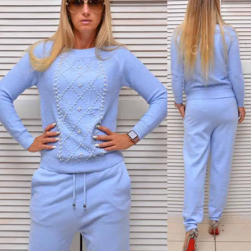 blue pearl Knitted tracksuit for women Hooded Sweater Casual knitted suit Women 2 Piece set Zipper long sleeve Sporting women's suit - Цвет: blue pearl