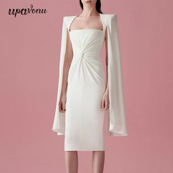 

2020 Elegant White Midi Dress Women Sexy Square Collar Bat Sleeve Fold Bodycon Club Dress Celebrity Evening Party Dress Vestidos