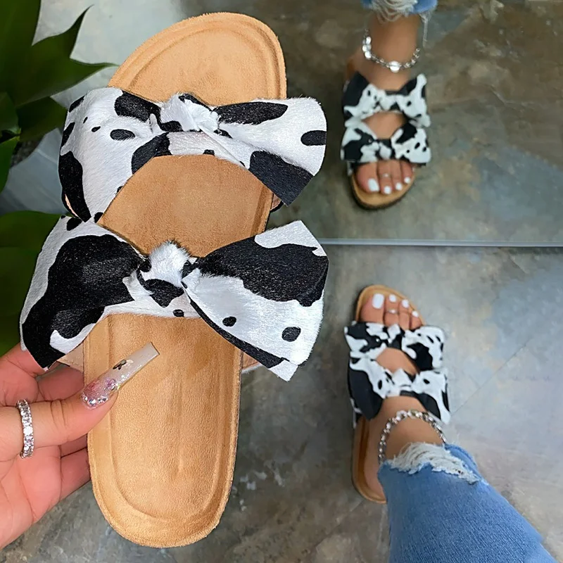 Women Slippers Summer Woman Shoes 2020 New Cow Bow Slides Ladies Fashion Beach Shoes Female Comfortable Flats Plus size Dropping