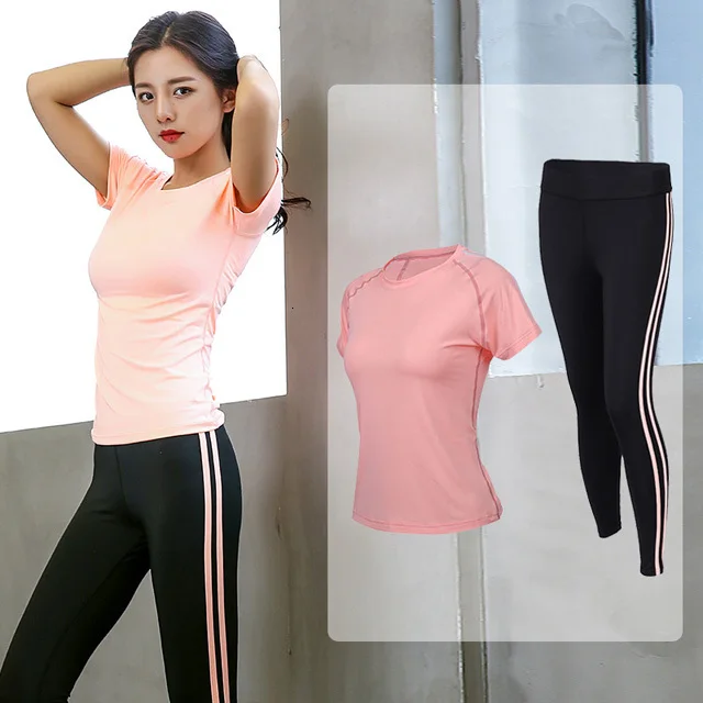 Pink 2Pcs set Женский комплект для йоги, наборы для бега, одежда для спортзала, фитнеса, Спортивная футболка, длинные штаны для бега, Обтягивающие Леггинсы для йоги и тренировок, спортивный костюм - Цвет: Pink 2Pcs set