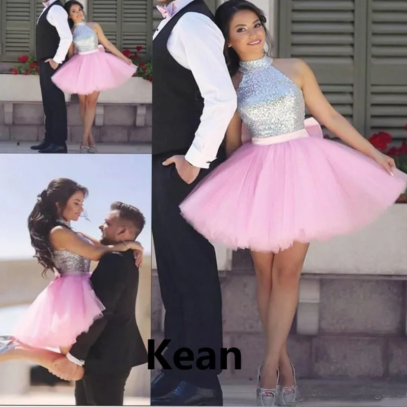 

Silver Pink Homecoming Dresses Halter Sequin A-Line Above Knee, mini vetidos Elegant Cocktail Dresses
