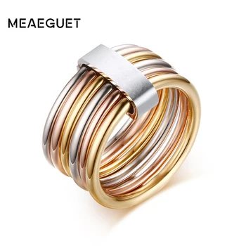 

Women's Unique Rings Stainless Steel 6 Circle Interlocked Stacked 10MM Wide Statement Party Bijoux Accessories