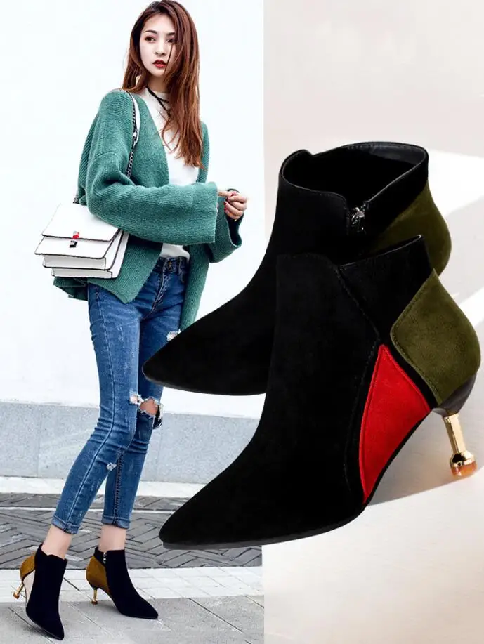 

Ankle Boots Women Shoes Woman Boots Fashion High-heeled Pointed Flock Boots 2019 Winter New Short Fur Warm Boots Booties B27