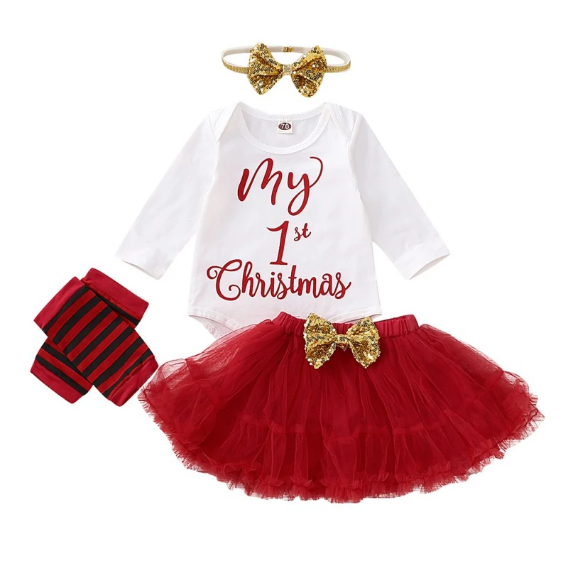 

New Baby Girl Cute Christmas Clothes Set Long Sleeve Letter Print Romper Dot Pattern Mesh Skirt Leg Warmer Headband Set