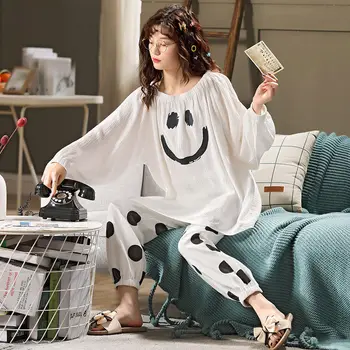

Spring and Autumn Home Clothes for Women Fashion Smiley Print Pajamas for Women Cotton Sleepwear Set Pijamas Women Sexy Pijamas