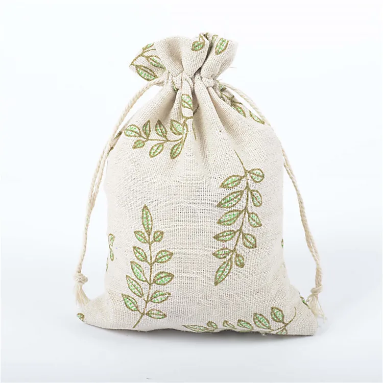 Olive leaf 10 шт., 10*14 см, с принтом, хлопок, лен, пачка, карман, с рисунком, на шнурке, сумка из мешковины, для конфет, ювелирных изделий, орехов, печенья, вечерние сумки, сувениры - Цвет: Olive leaf