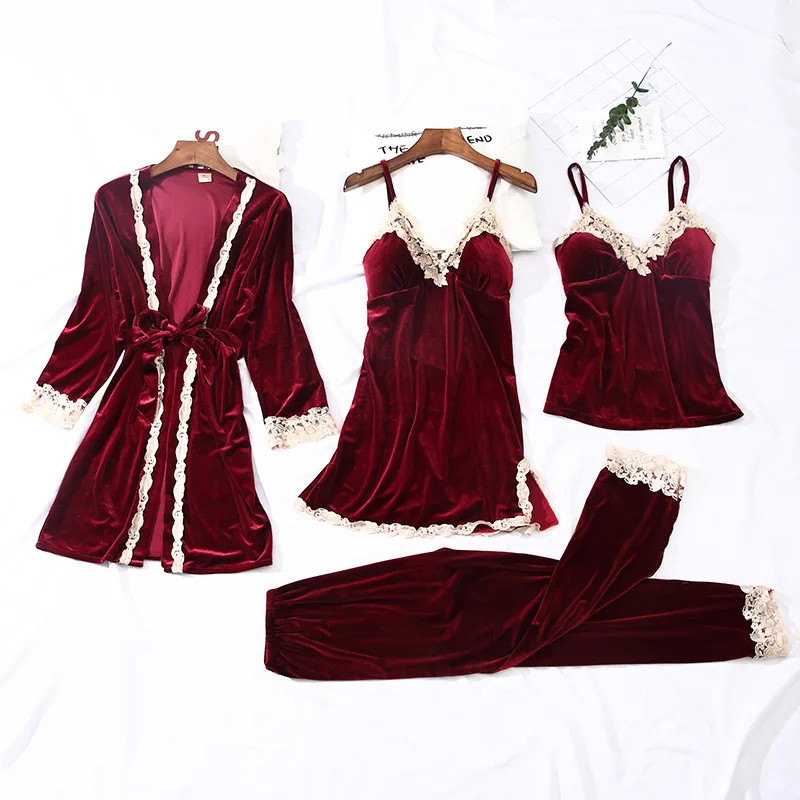 Autumn Winter Pajamas Women's Gold Velvet 4pcs Suit Simple Pure Color Leisure Nightwear Set With Chest Pads Conjunto de pijamas | Женская