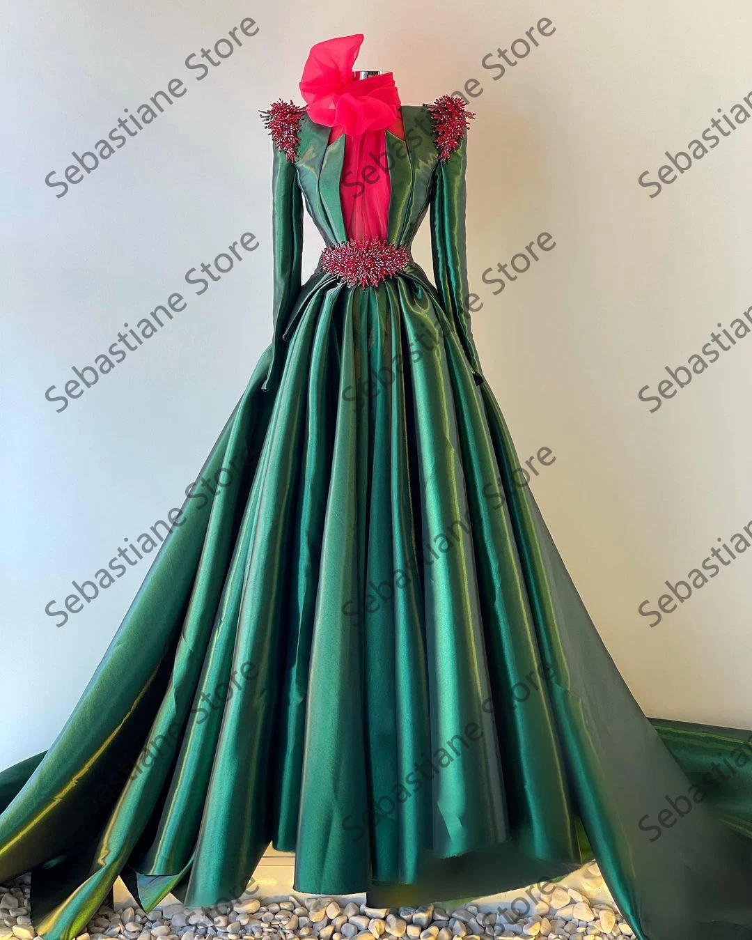 plus size prom dresses Glitter Ball Gown Women Evening Gowns Arabic Style   Long Sleeves Ruffles Plus Size High Neck Crystals   Beadings Dresses Prom Dresses
