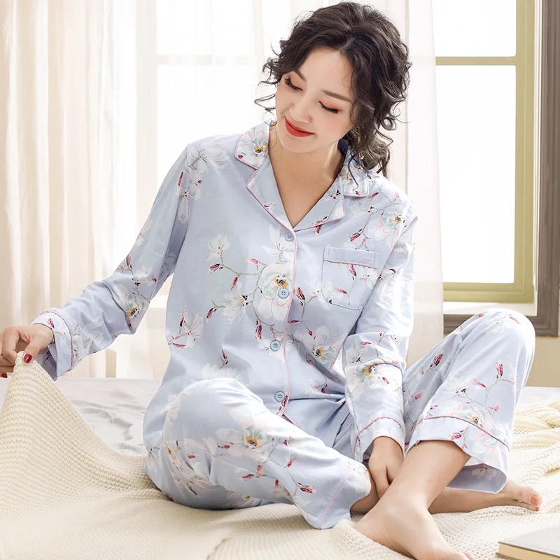 

Pajamas Women's Spring And Autumn Pure Cotton Cardigan Long Sleeve Trousers Plus-sized Plus-sized Middle-aged Mom Cotton Homewea