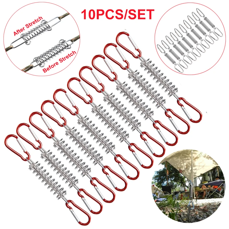 Camping Tent Accessories 5/10Pcs/set Steel Tent Wind Rope Spring Buckle Tent Tensioner Camping Deck Pegs with Carabiner Clips Awning Tightener Fixed Hook
