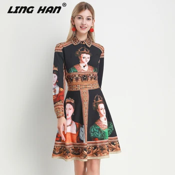 

LINGHAN Designer Women Spring Summer Charact Print Long Sleeve Vintage Mini Dress Female New Dresses Vestidos Robe Femme