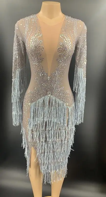 Dress Женское сексуальное сценическое платье, стразы, бахрома, платье для выпускного вечера, для выступлений, певица, танцовщица, прозрачные сетчатые платья, платье с кисточками на день рождения - Цвет: Dress