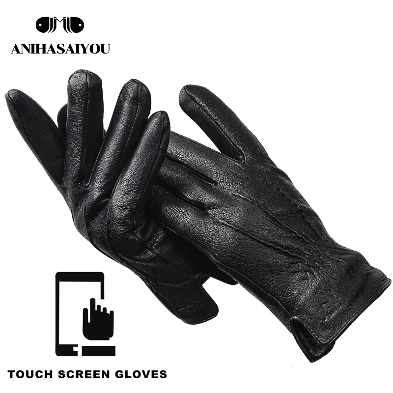 Простые мужские кожаные перчатки из натуральной кожи, зимние кожаные перчатки для мужчин, первый слой из овчины, мужские кожаные перчатки-8048 - Цвет: Touch screen gloves