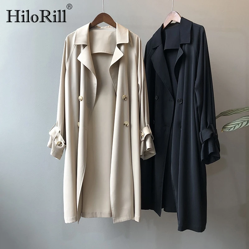 HiloRill mode couleur unie femmes Trench Coat 2020 ample Double boutonnage coupe vent dames décontracté longue pardessus Abrigo Mujer | AliExpress