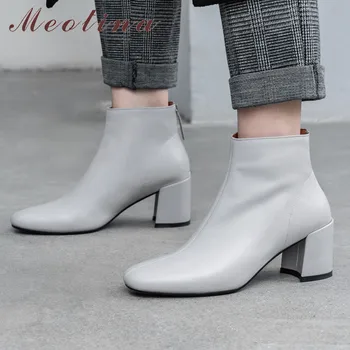 

Meotina Winter Ankle Boots Women Natural Genuine Leather Block High Heels Short Boots Zipper Square Toe Shoes Female Size 33-40