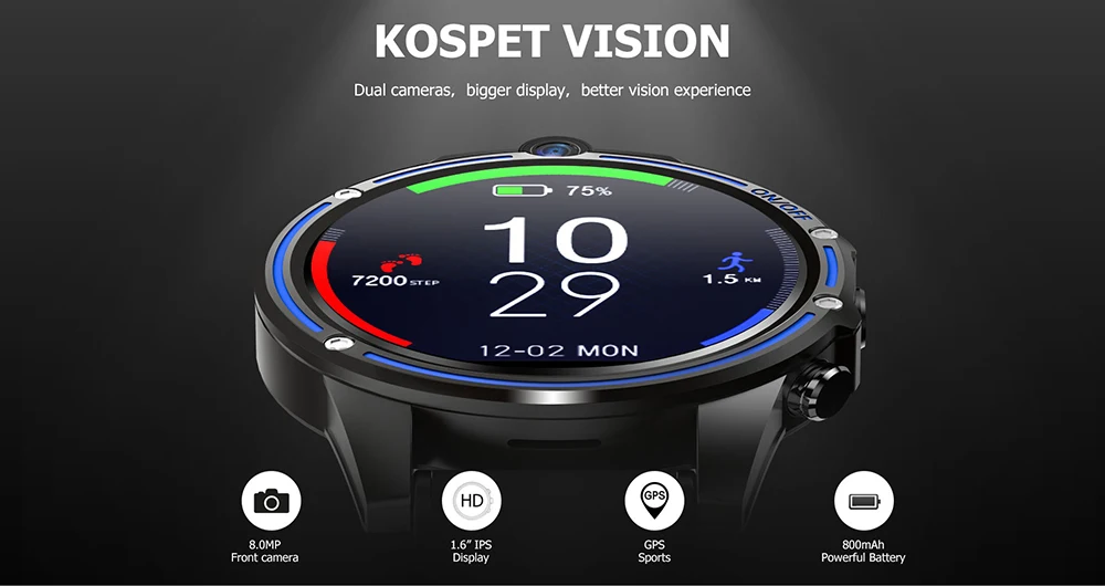 Kospet Vision Смарт часы 3 ГБ 32 ГБ 5.0MP двойная камера GPS 1,6 дюймов Android 7,1 4G Смарт часы телефон Bluetooth для мужчин для IOS Android