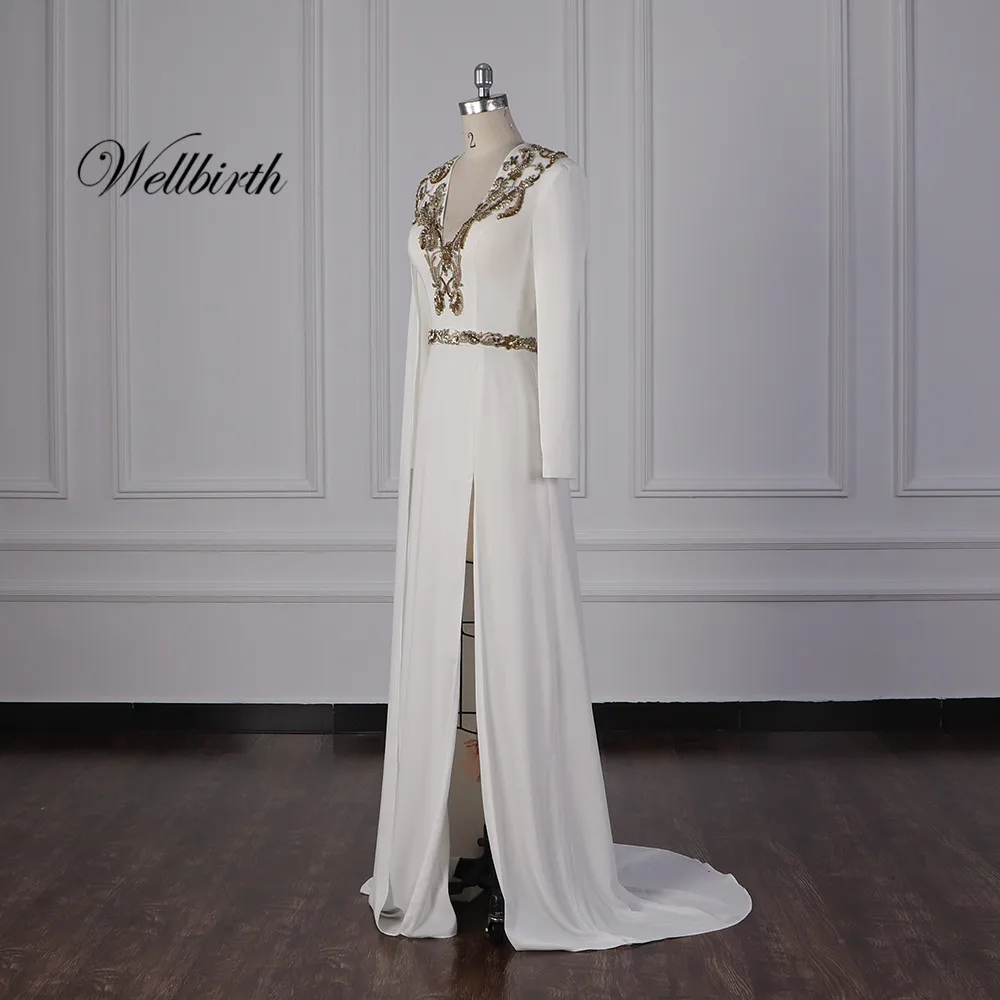 Реальное изображение Wellbirth Vestido de novia v-образный вырез свадебное платье с бусинами длинный рукав свадебное платье VSA001