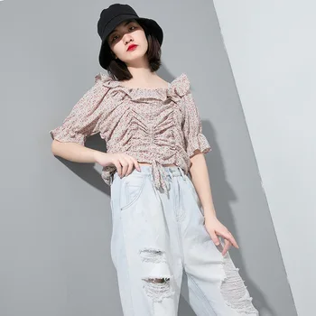 

2020 Summer Women Pullover Ruffles Pleated Design Floral T Shirt Slim Casual Short Tops Female Streetwear hip hop Tshirt 9107