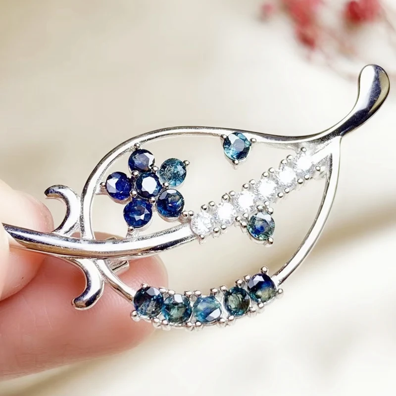 

Natural real sapphire leaf style brooch Free shipping 925 sterling silver 0.15ct*13pcs gemstone For men or women T912021