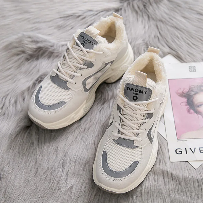 Sneakers Women Winter Running Shoes for Women Cotton Plush Mixed Colors Sport Shoes Woman Winter Shoes Women - Цвет: Beige