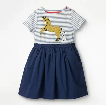 

Sequins Horse Girl Dress 2020 Summer New Style Blue White Stripe Cotton Short Sleeve Dress Baby Clothes S0680