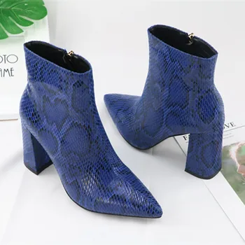 

BONJEAN Print Snake Pu Women Ankle Boots Zip Pointed Toe Footwear Thick High Heels Female Boot Party Shoes Women 2019 New Winter
