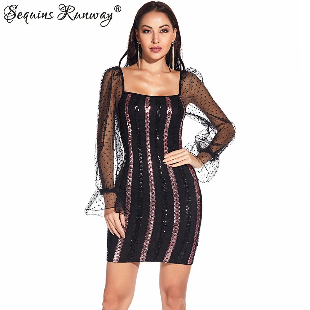 

Sexy Mesh Long sleeve office Mini sequin Summer dress women vintage Club party bodycon casual woman dress ladies dresses vestido