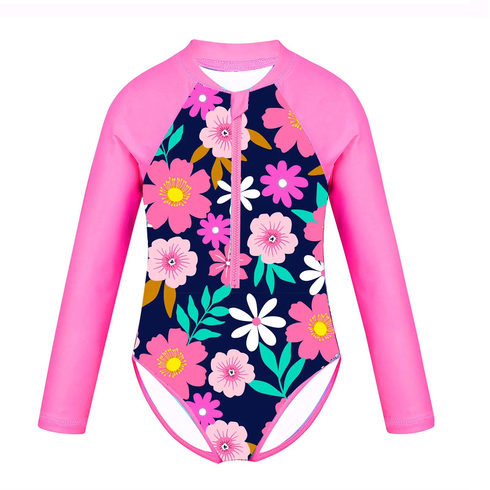 Kids Girls One Piece Swimsuit Rash Guard Beachwear Long Sleeves Floral Printed Zippered Swimwear Children Swimming Bathing Suit